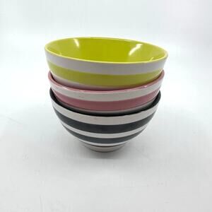 Thirty-One Dessert Bowls Set of 3 Yellow Pink Black Striped Ceramic Tableware